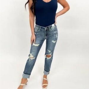 Judy blue mid rise bleach splash boyfriend stretch distressed jeans size 7/28